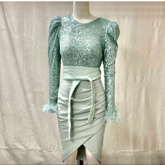 NEW SEASON Stunning Lavish Alice sequin feather embellished midi dress in sage - Picture 10 of 13